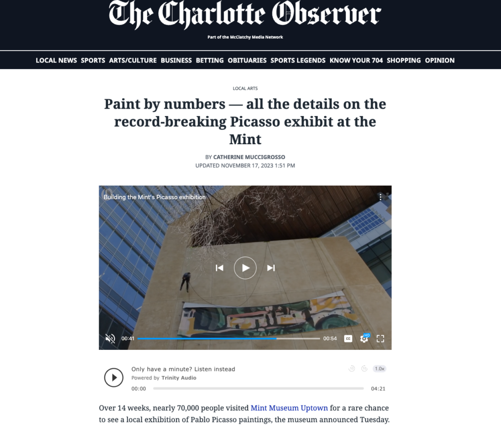Screenshot of Picasso exhibition news media mention by The Charlotte Observer